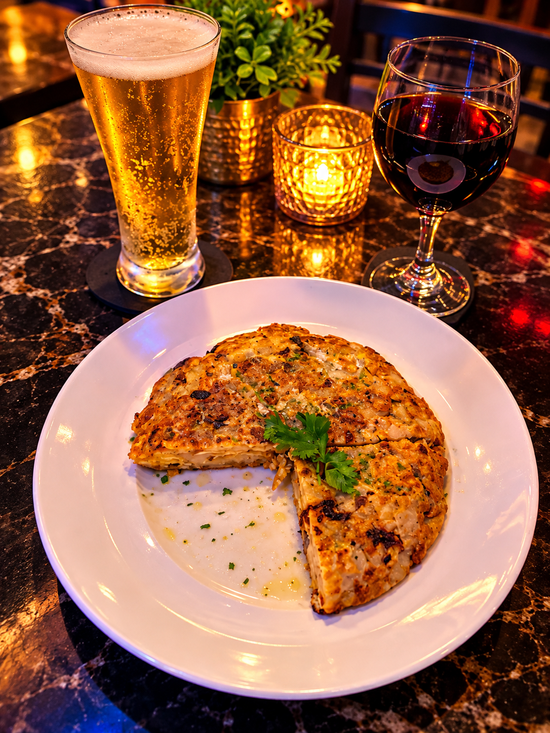 A cold beer and a glass of red wine beside tortilla española at the bar.